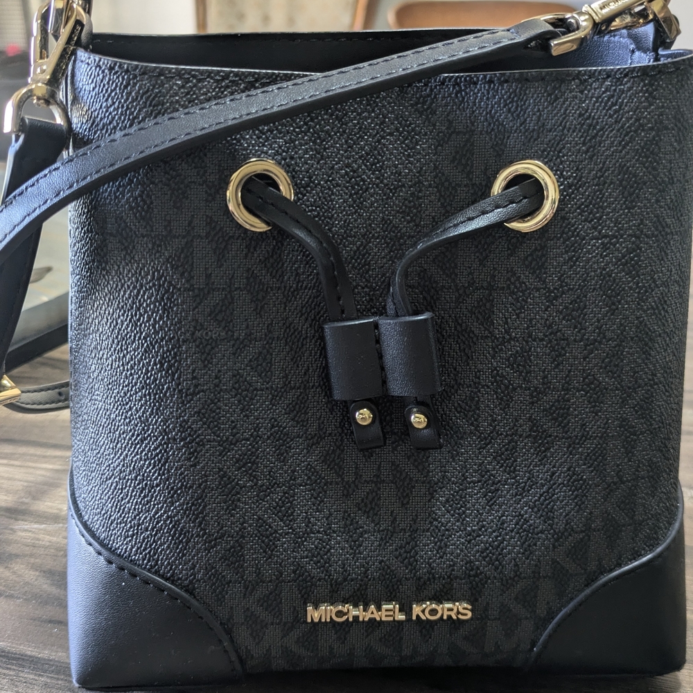 Michael Kors Black Textured Crossbody Bag with Gold Details